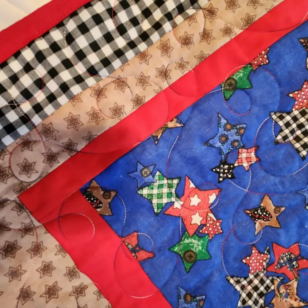 Handmade, New Lap quilt Blue & Red, Stars, Gingham, Wall Hanging, decor